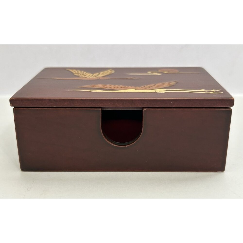 Vintage Wooden Keepsake Box Inlaid Cranes Playing Cards Trinkets Jewelry 4" x 3" - Picture 2 of 8